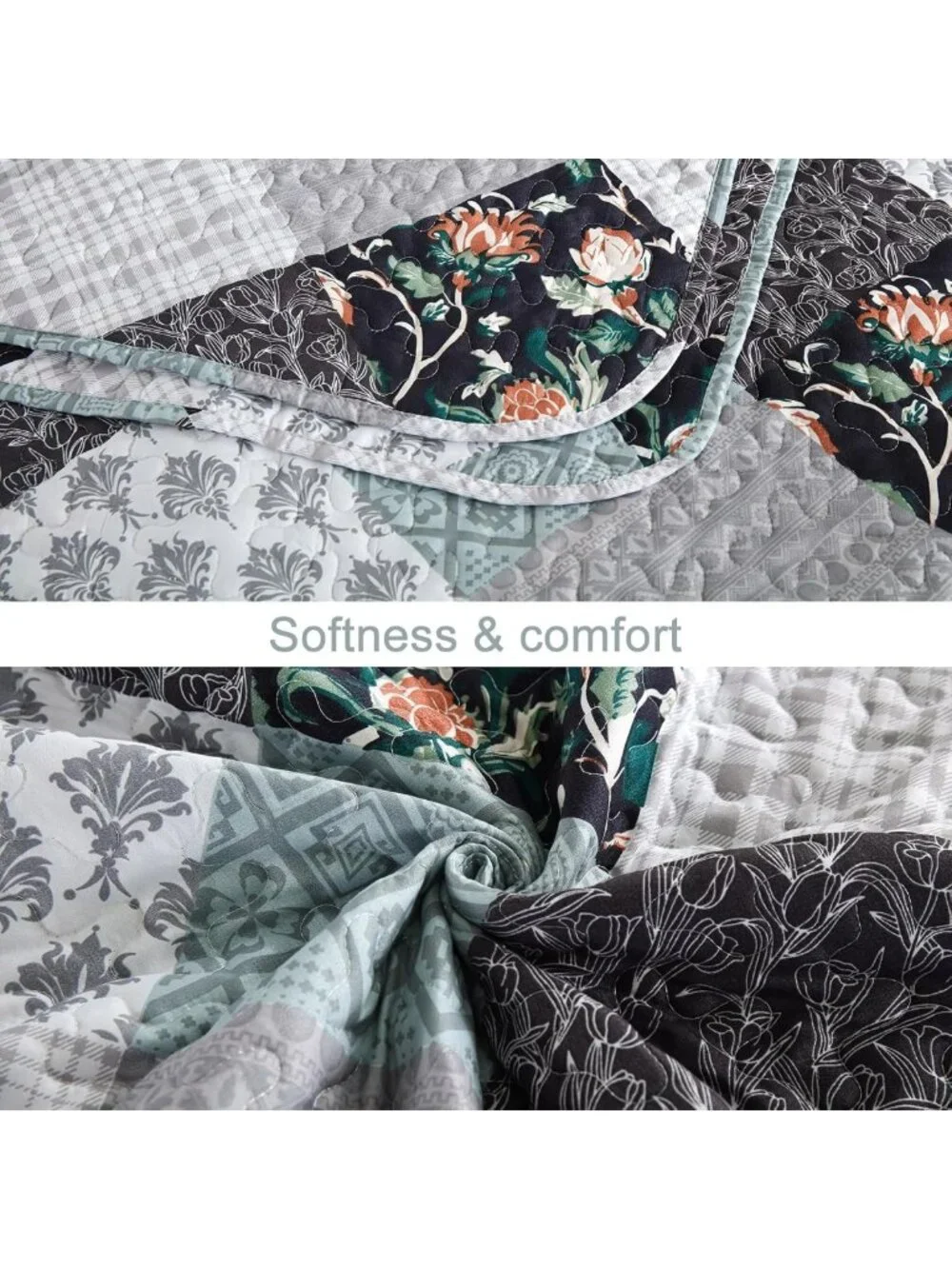 Boho Patchwork Quilt Set Queen, 3-Piece Floral Microfiber Bedspread, Reversible